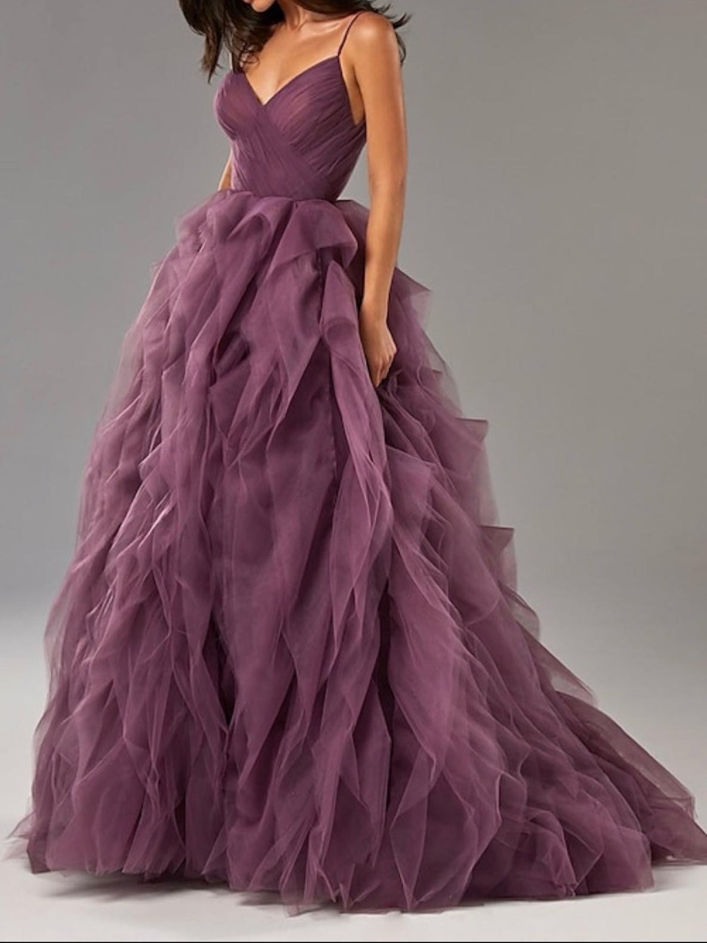 Elegant Plum Tulle Ball Gown Dress - Spaghetti Strap